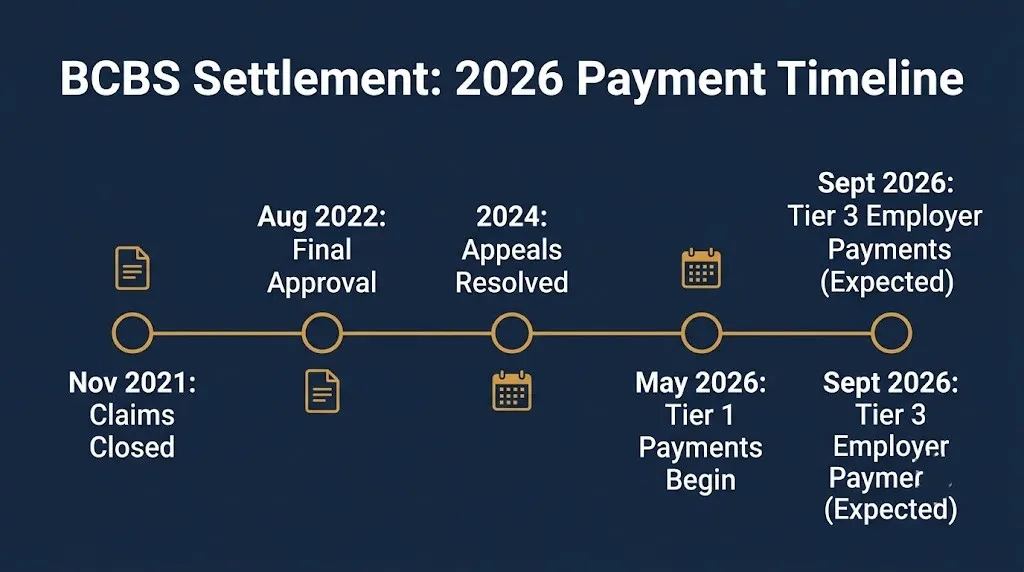 Timeline graphic of the BCBS settlement 2026 payout schedule from claim closure to Tier 3 payments.