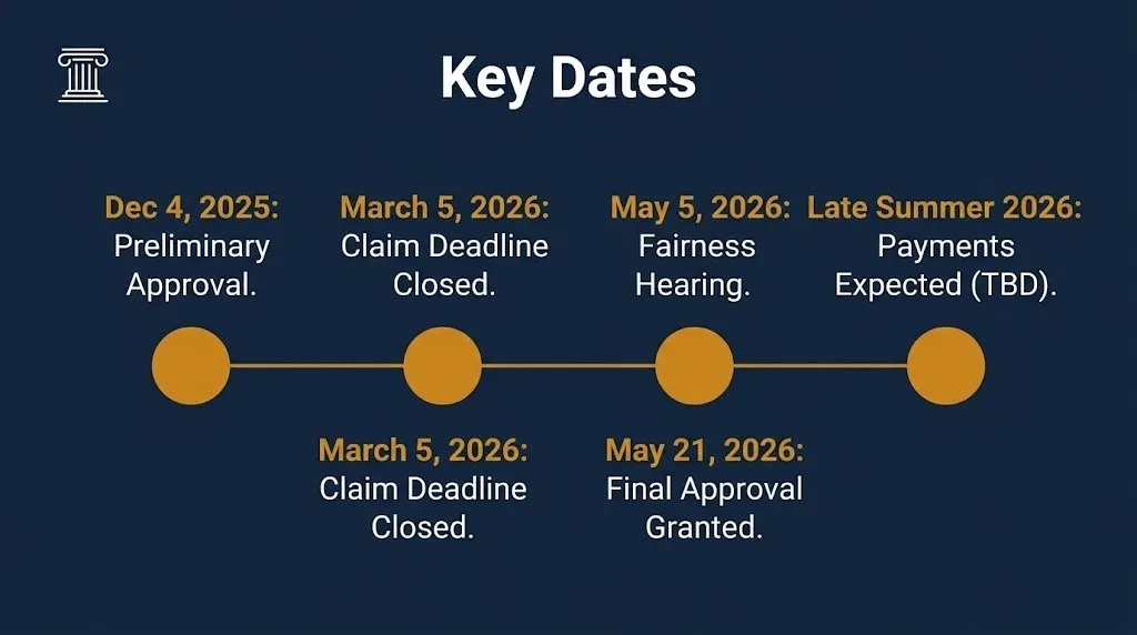 Timeline graphic of the Nelnet settlement 2026 key dates from preliminary approval to expected payment.