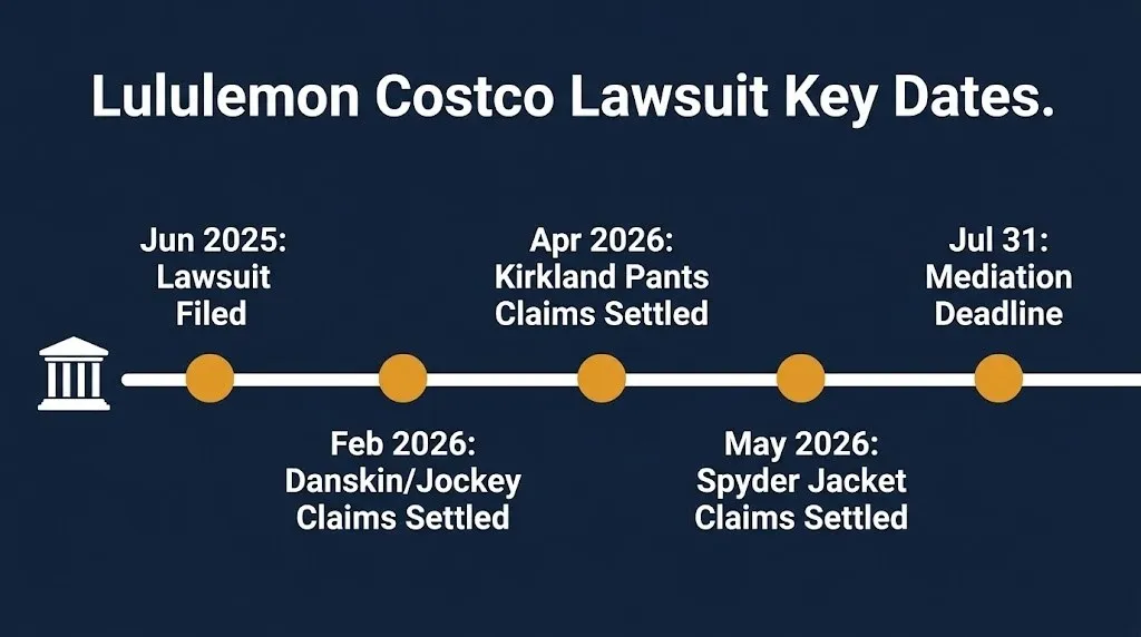 Timeline graphic of verified 2026 Lululemon Costco lawsuit settlement dates through the July mediation deadline.