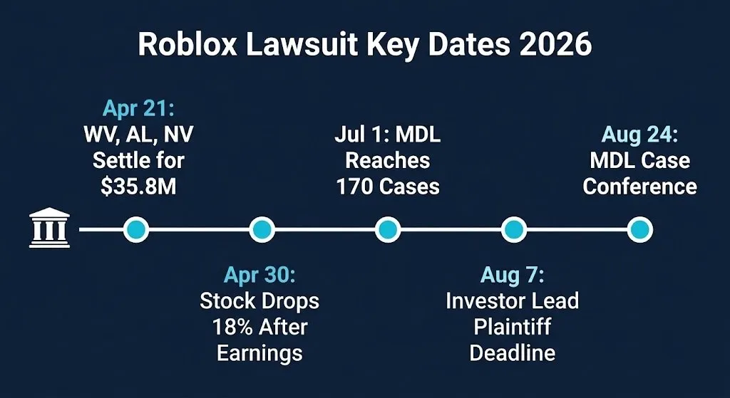 Timeline graphic of verified 2026 Roblox lawsuit dates from state settlements through the August MDL conference.