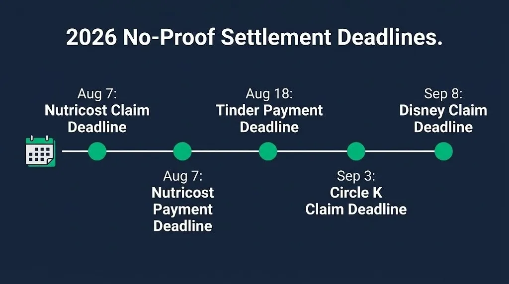 Timeline graphic of verified 2026 no proof class action lawsuit claim deadlines for four open settlements.