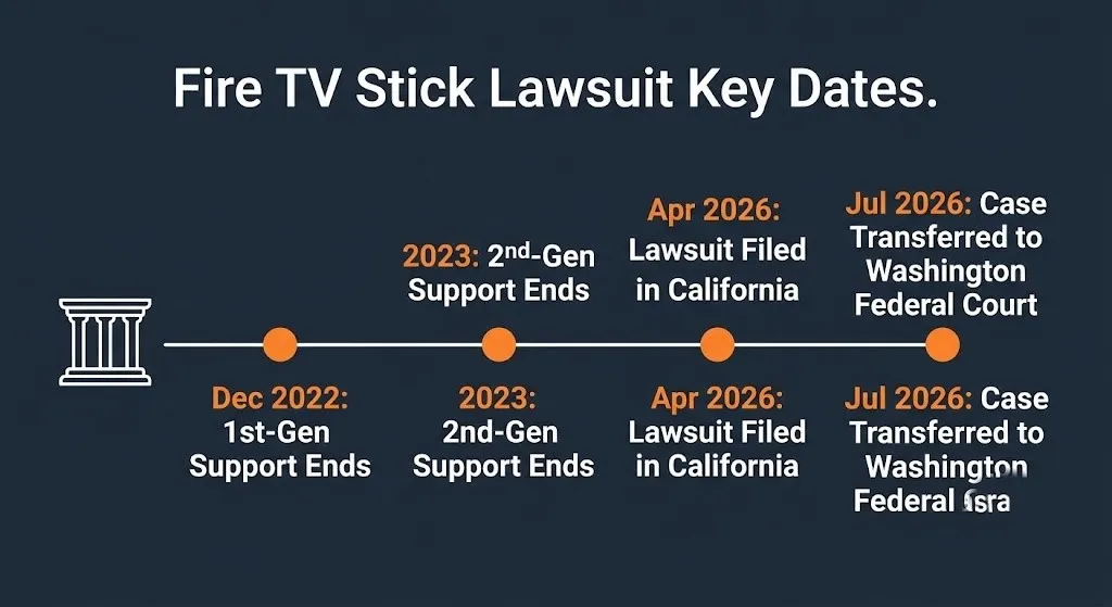 Timeline graphic of verified Amazon Fire TV Stick lawsuit dates from support cutoffs through the 2026 court transfer.