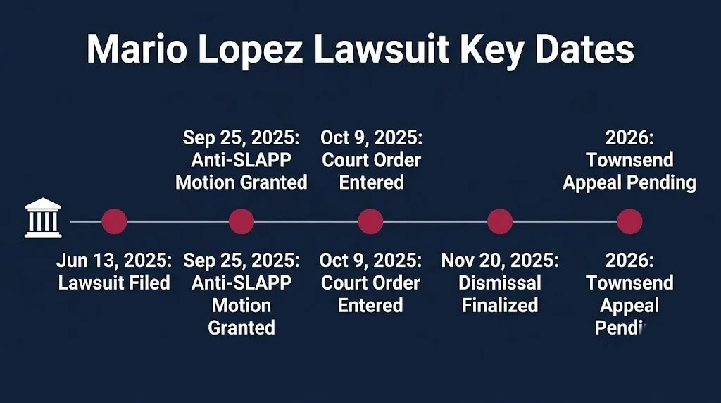 Timeline graphic of verified Mario Lopez lawsuit dates from the 2025 filing through the pending 2026 appeal.