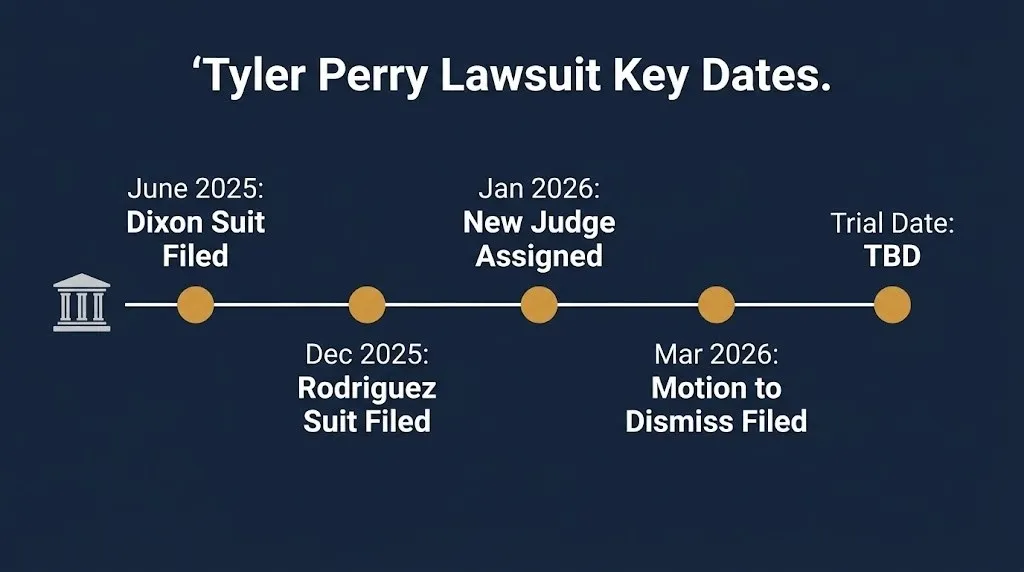 Timeline graphic of verified Tyler Perry lawsuit dates from the 2025 filings through the pending 2026 motion to dismiss.