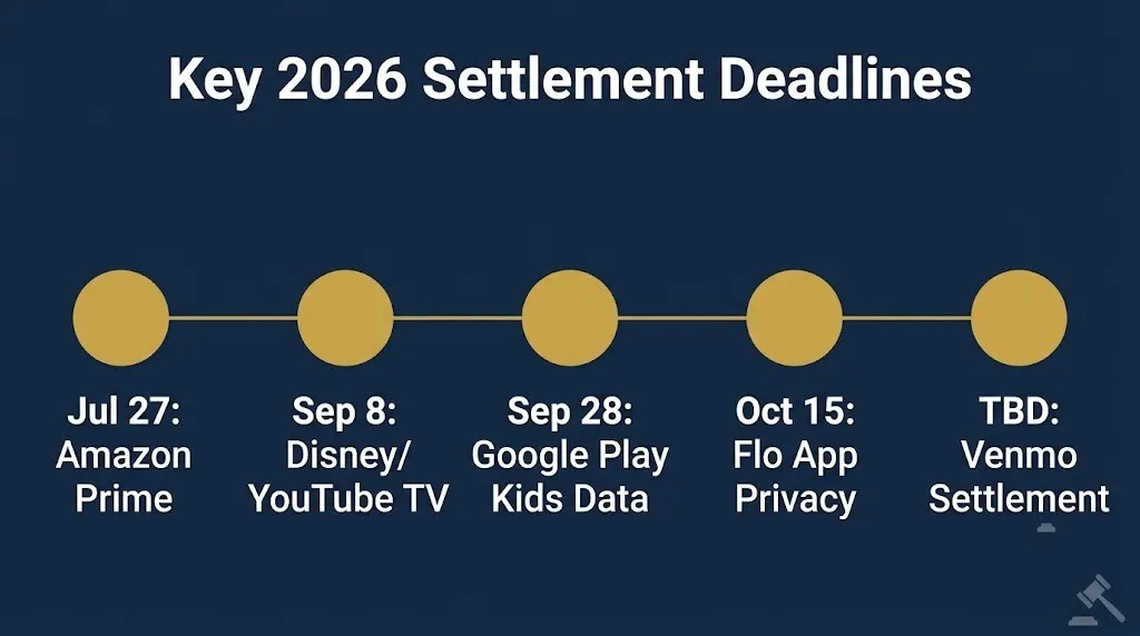 Timeline graphic showing 2026 class action settlement claim deadlines for major open cases