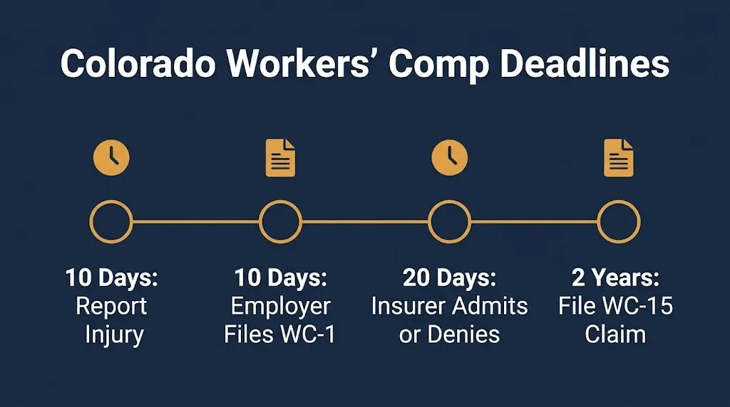 Timeline graphic showing Colorado workers compensation lawyer filing deadlines from injury report to WC-15 claim.