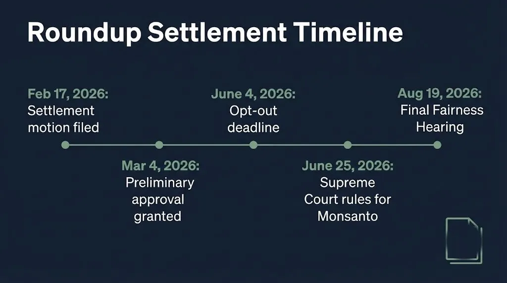 Timeline graphic showing key 2026 dates in the Roundup settlement from preliminary approval to final hearing.