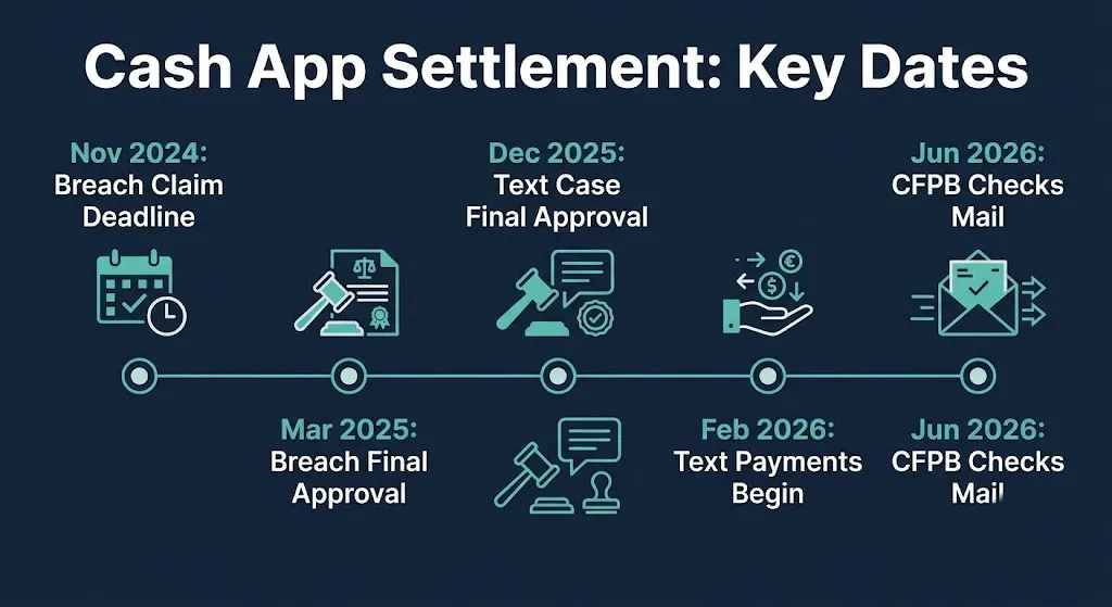 Timeline graphic showing key Cash App settlement 2026 dates from the breach deadline to CFPB check mailing.