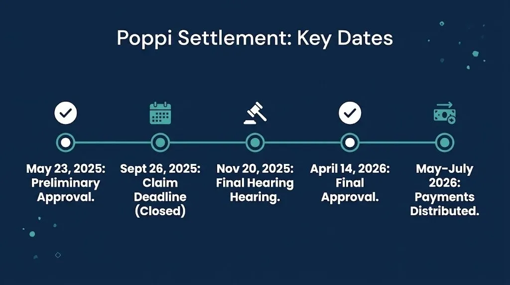 Timeline graphic showing key Poppi lawsuit settlement dates from preliminary approval through 2026 payment distribution.