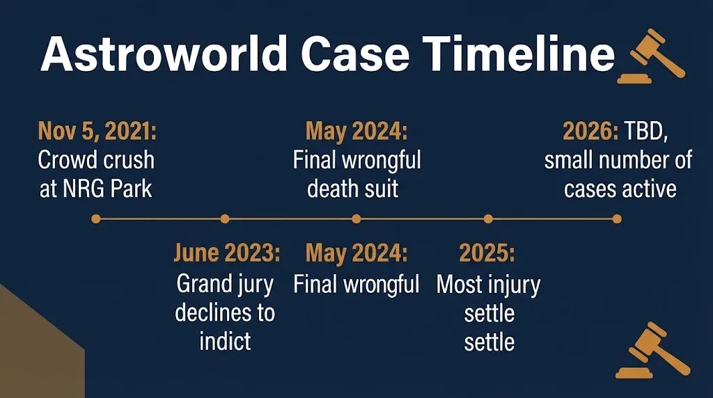 Timeline graphic showing key dates in the Travis Scott Astroworld lawsuit from 2021 through 2026.