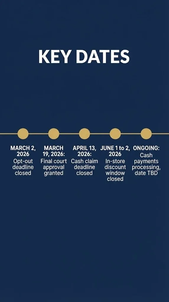 Timeline graphic showing key deadlines in the $8.5 million Dollar General overcharging settlement