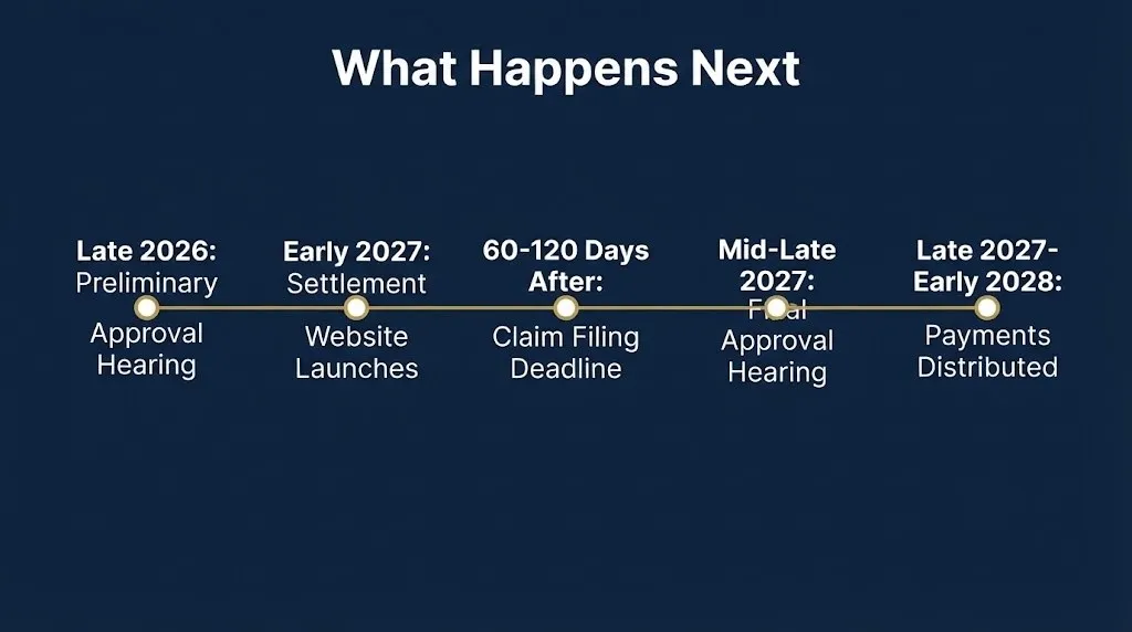 Timeline infographic showing expected Affirm settlement stages from late 2026 through payment distribution in late 2027 or early 2028.