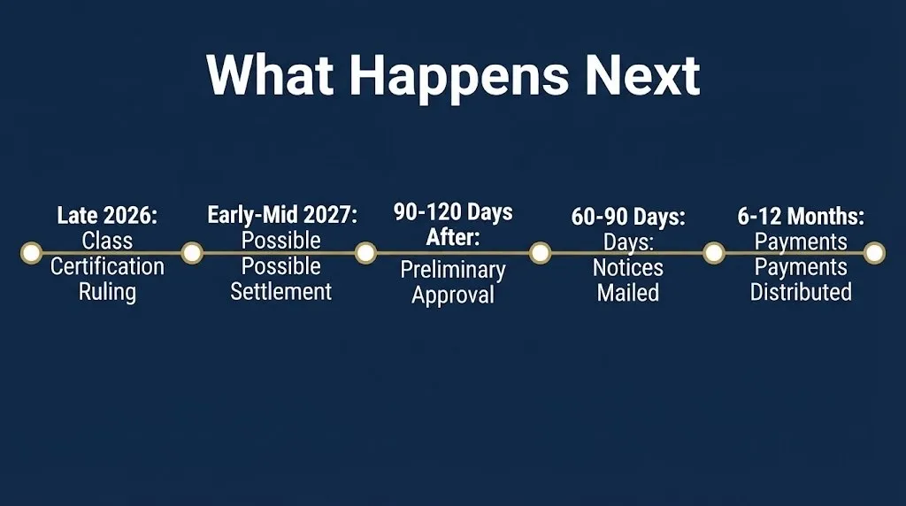 Timeline infographic showing expected Spectrum class action stages from late 2026 through payment distribution in 2027 or 2028.