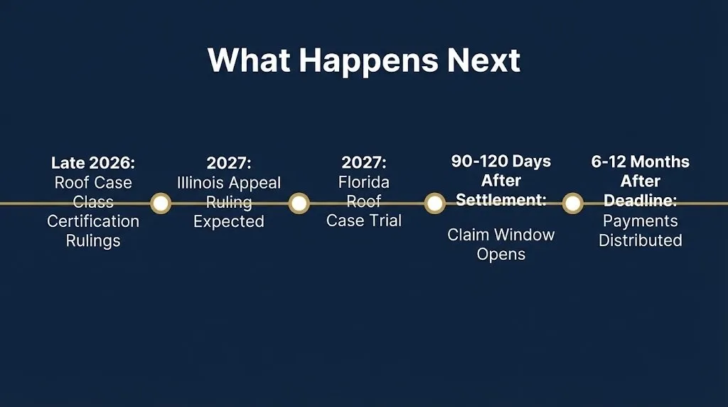 Timeline infographic showing expected State Farm lawsuit stages from late 2026 through payment distribution in 2028 or later.