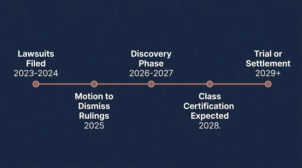 Timeline infographic showing five expected stages of the Temu class action lawsuit from filing through potential.