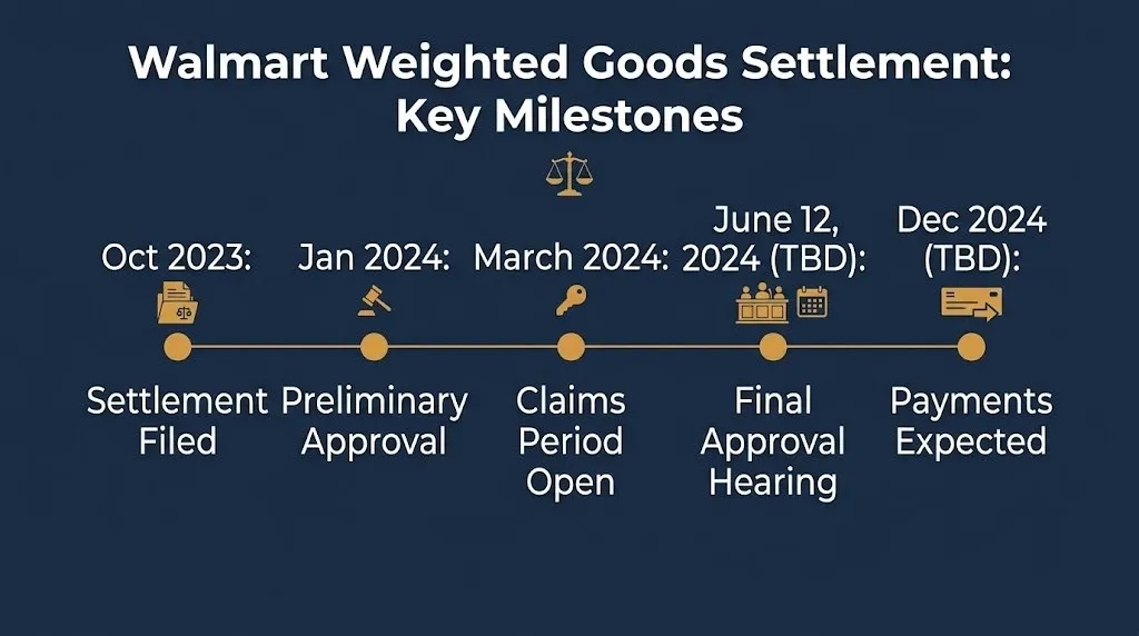 Timeline infographic showing five key stages of the Walmart weighted goods settlement from filing through expected payment period.