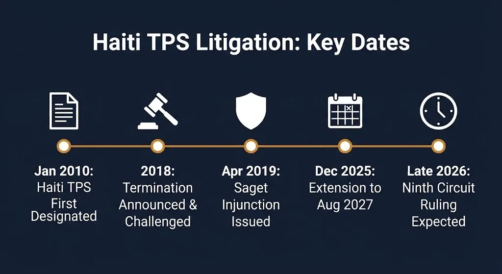 Timeline infographic showing key milestones in the Haiti TPS litigation from 2010 designation through expected 2026 Ninth Circuit ruling.