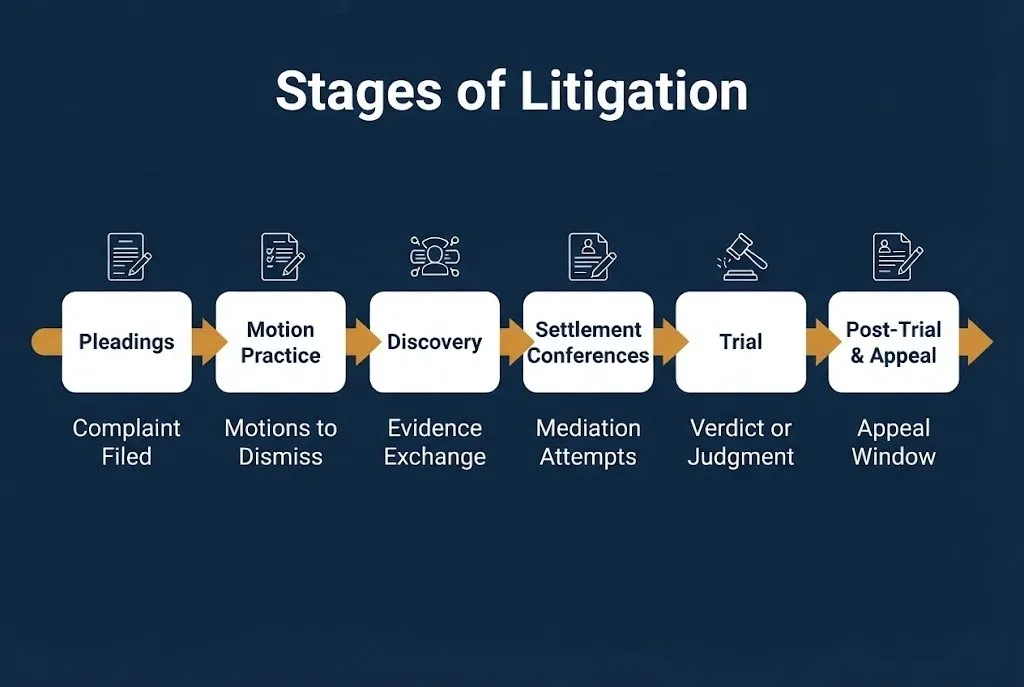 Timeline infographic showing the six stages of civil litigation from pleadings through appeal with short descriptions for each stage.