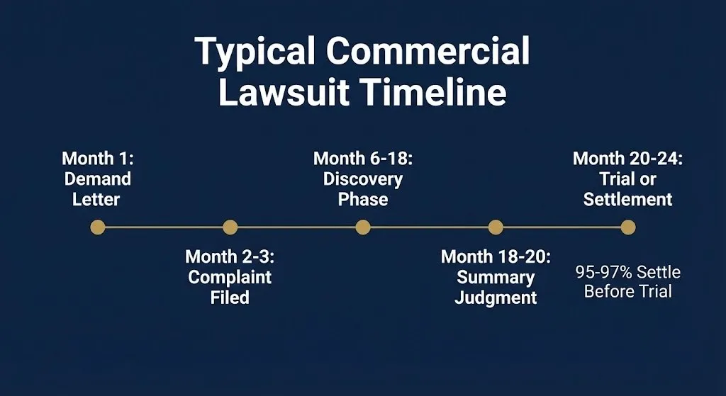 Timeline infographic showing the typical stages of a commercial lawsuit from demand letter through trial.