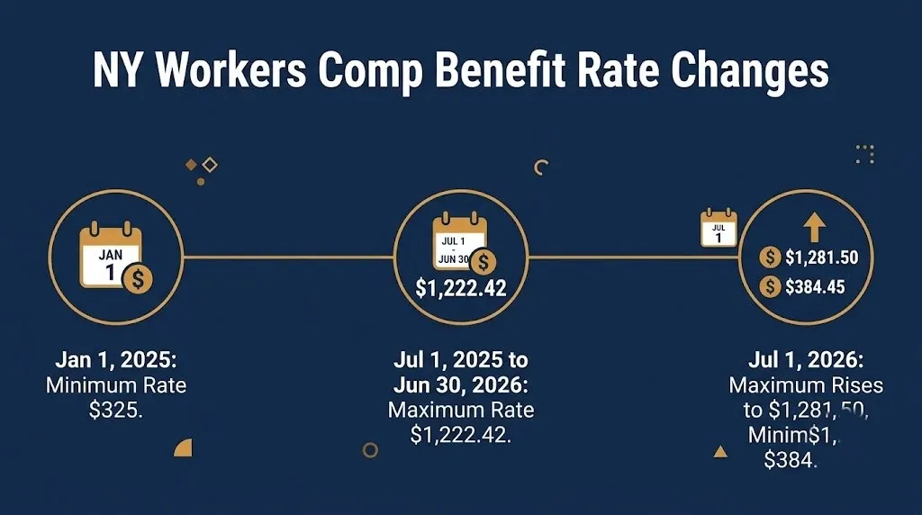 Timeline of 2025 to 2026 New York workers compensation benefit rate changes for injured workers.