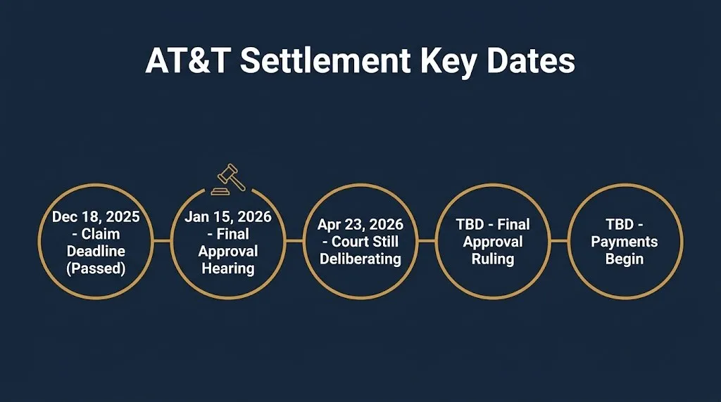 Timeline of AT&T class action lawsuit key dates from the 2025 claim deadline to the pending 2026 ruling.