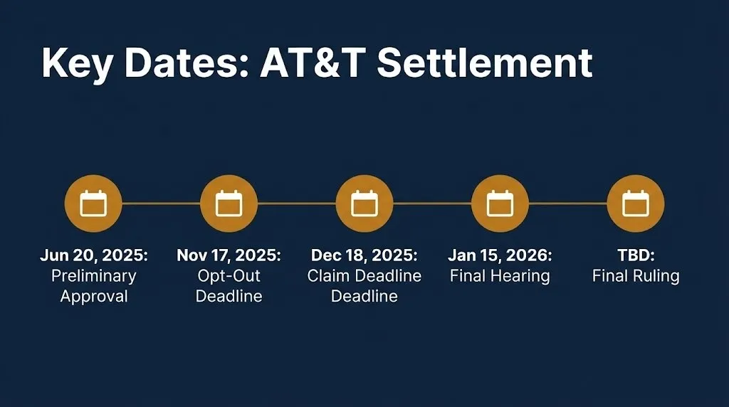 Timeline of AT&T data breach settlement claim key dates through the pending 2026 final ruling.