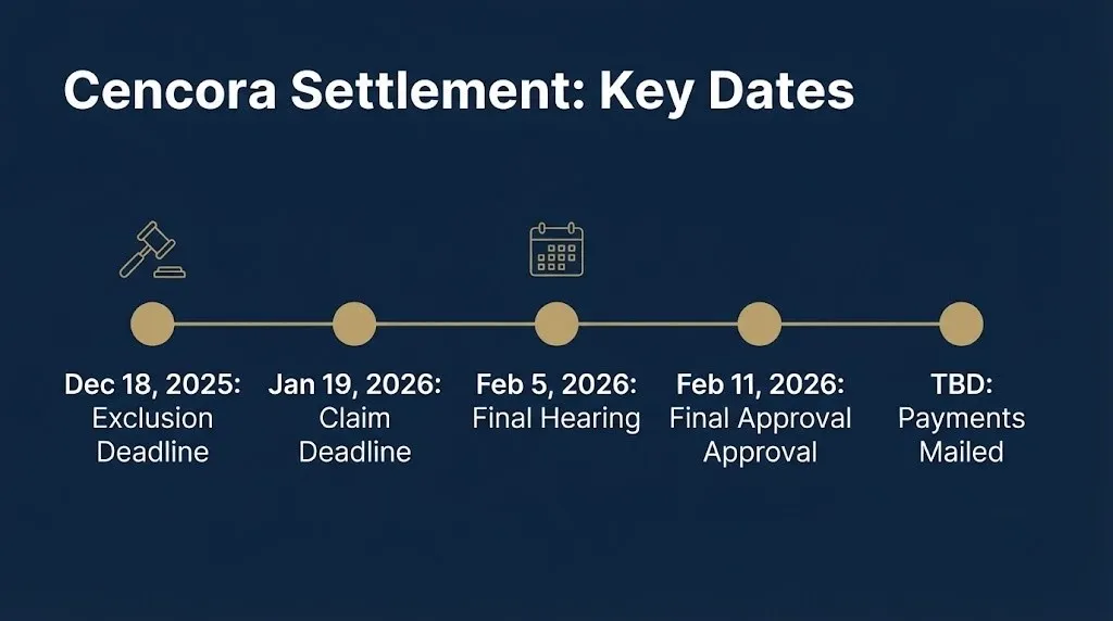 Timeline of Cencora data security incident settlement key dates from exclusion deadline to final approval.