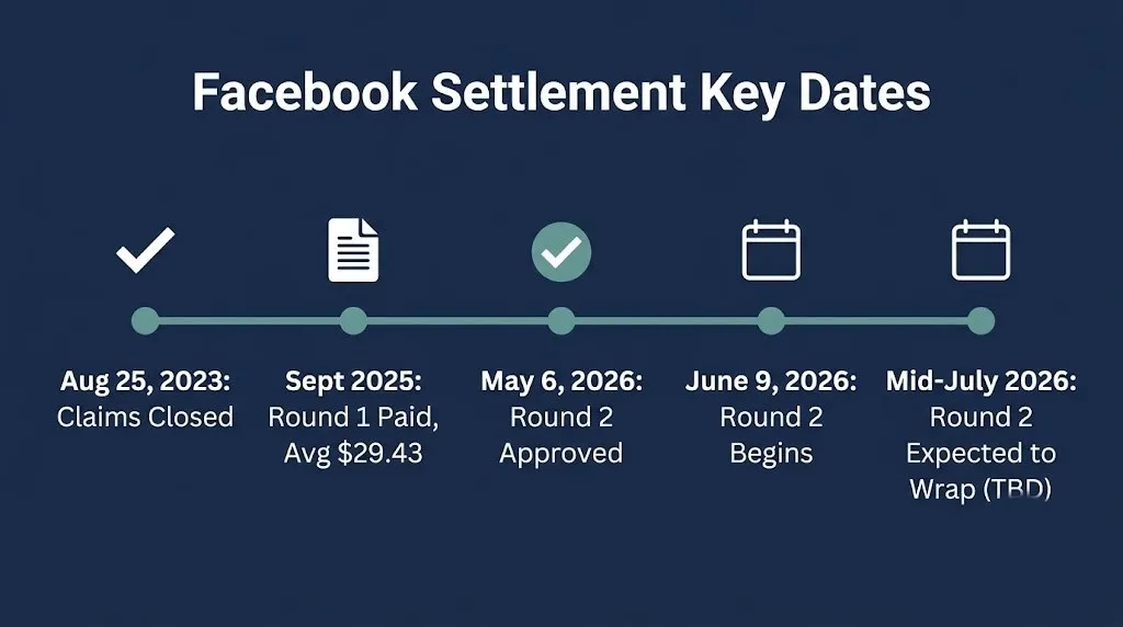 Timeline of Facebook settlement amount payments from the 2023 claim deadline through the 2026 second round.