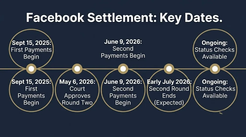 Timeline of Facebook user privacy settlement 2026 key dates from first payment to second round.
