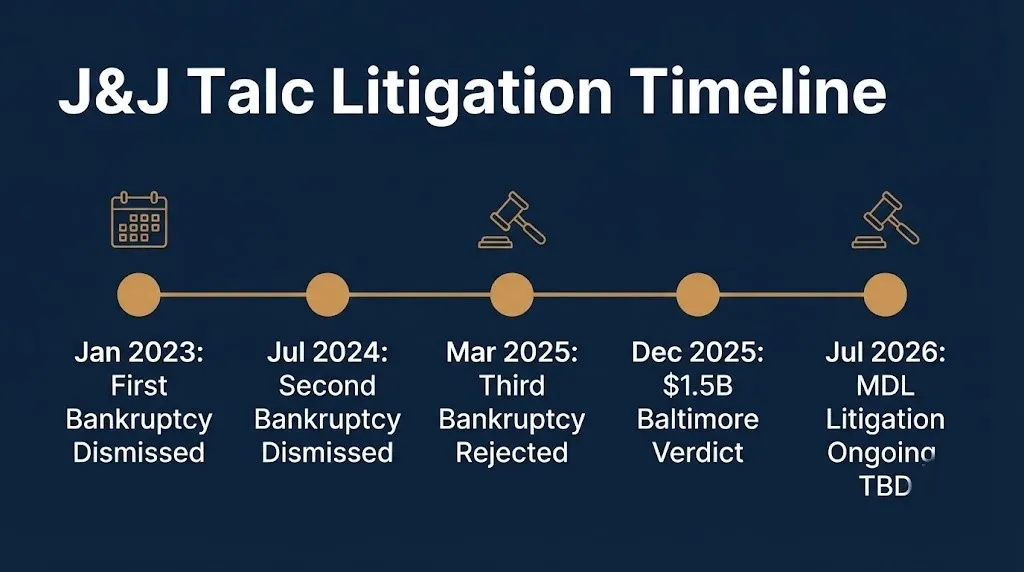 Timeline of Johnson and Johnson talc lawsuit bankruptcy rejections and major verdicts through 2026.