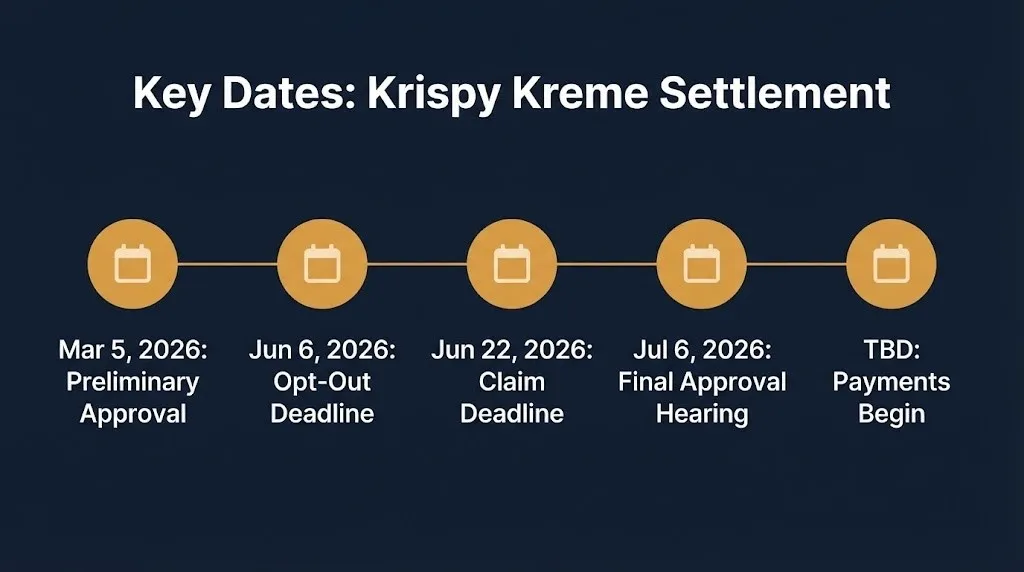 Timeline of Krispy Kreme data breach settlement key dates from preliminary approval to expected payments.