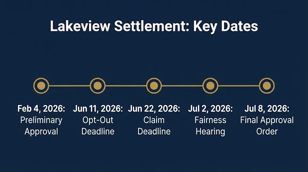 Timeline of Lakeview data breach settlement key dates from preliminary approval through final approval.