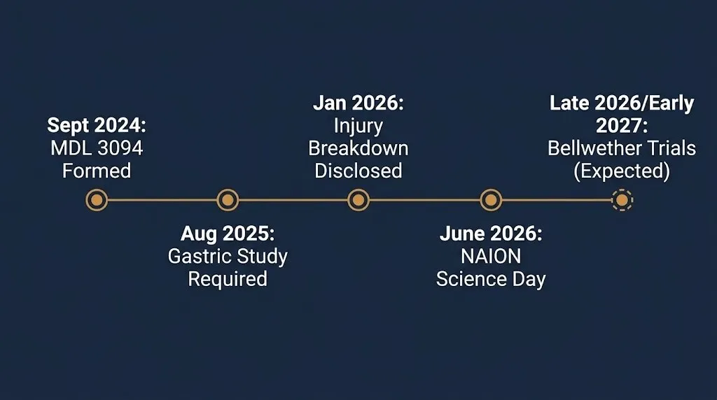 Timeline of Ozempic lawsuit key dates from MDL formation through expected 2027 bellwether trials.
