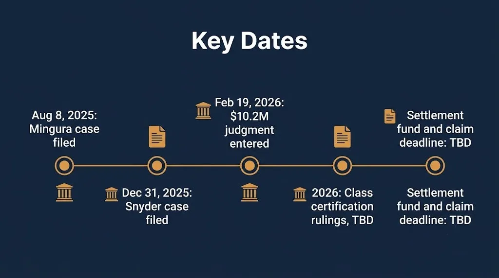Timeline of confirmed and pending dates in the Credit One Bank settlement 2026 case tracker.