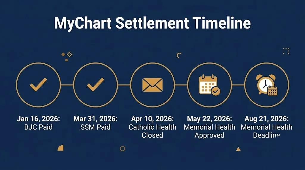 Timeline of key 2026 MyChart class action settlement dates including the August 21 claim deadline.