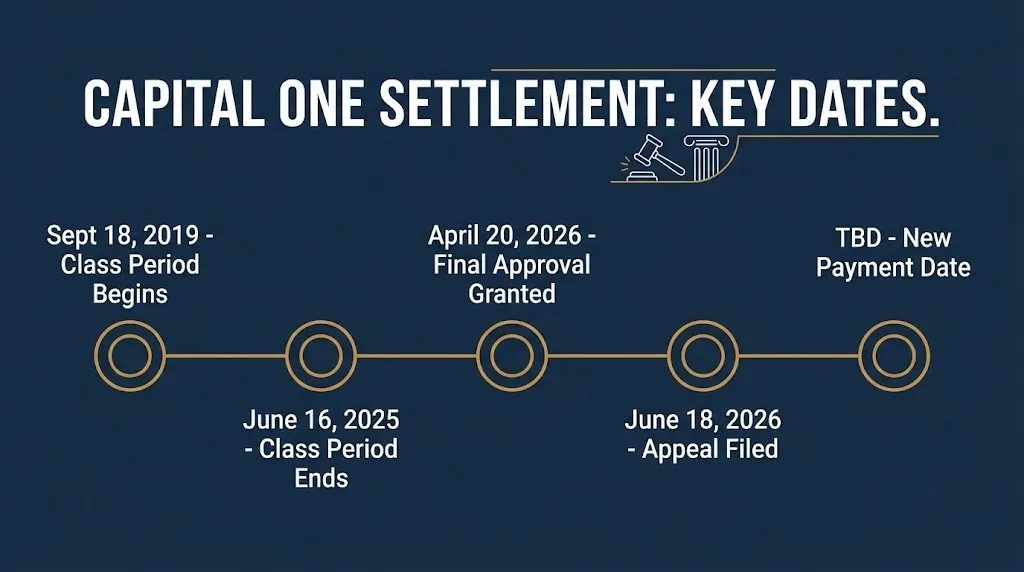 Timeline of key 2026 dates for the Cash App class action settlement including the November claim deadline