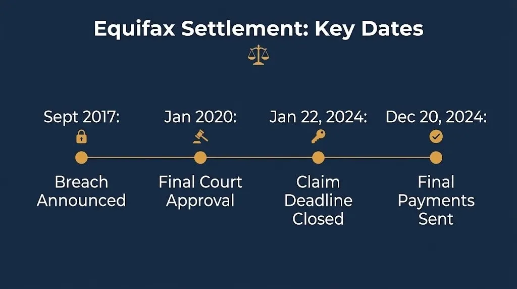 Timeline of key Equifax data breach settlement dates from the 2017 breach through final 2024 payments.