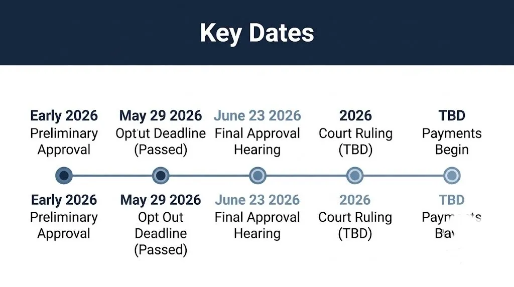 Timeline of key dates in the $135 million google android settlement showing the pending court ruling.