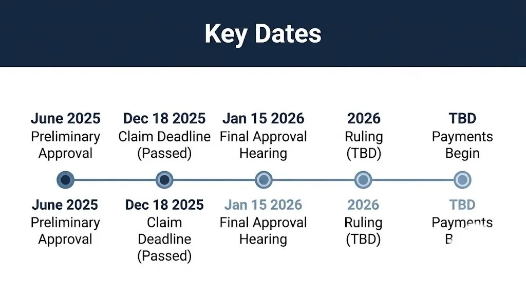 Timeline of key dates in the AT&T data settlement showing the passed claim deadline and pending ruling.