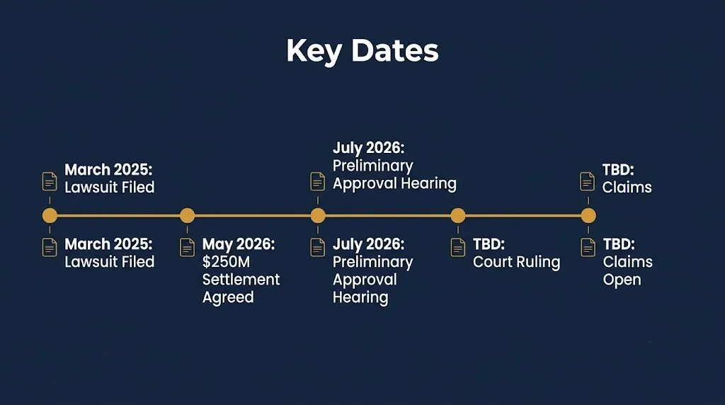 Timeline of key dates in the Apple Siri class action lawsuit and 2026 settlement approval process.