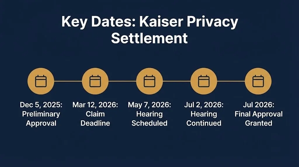 Timeline of key dates in the Kaiser privacy settlement from preliminary approval to final court approval.
