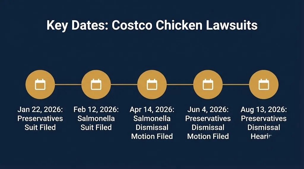 Timeline of key filing and hearing dates in the two active Costco rotisserie chicken lawsuits.
