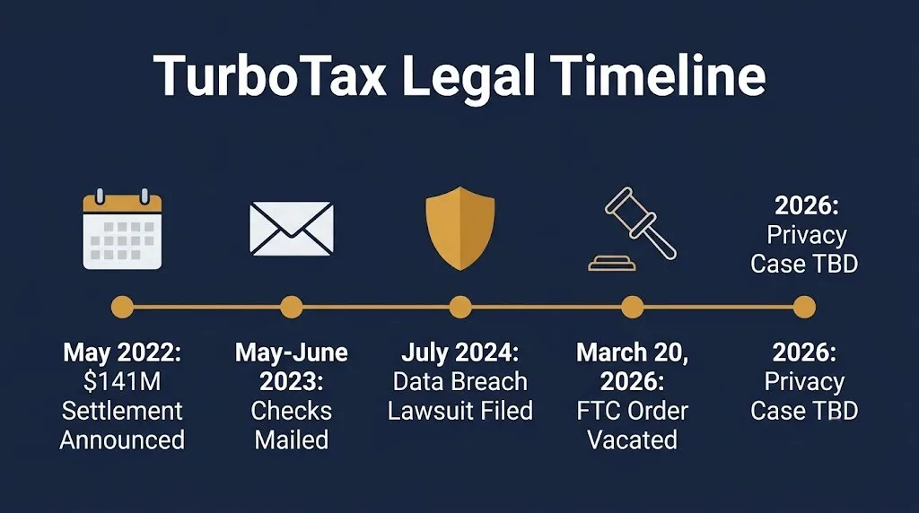 Timeline of key turbotax settlement and lawsuit dates from the 2022 announcement through the 2026 FTC ruling.