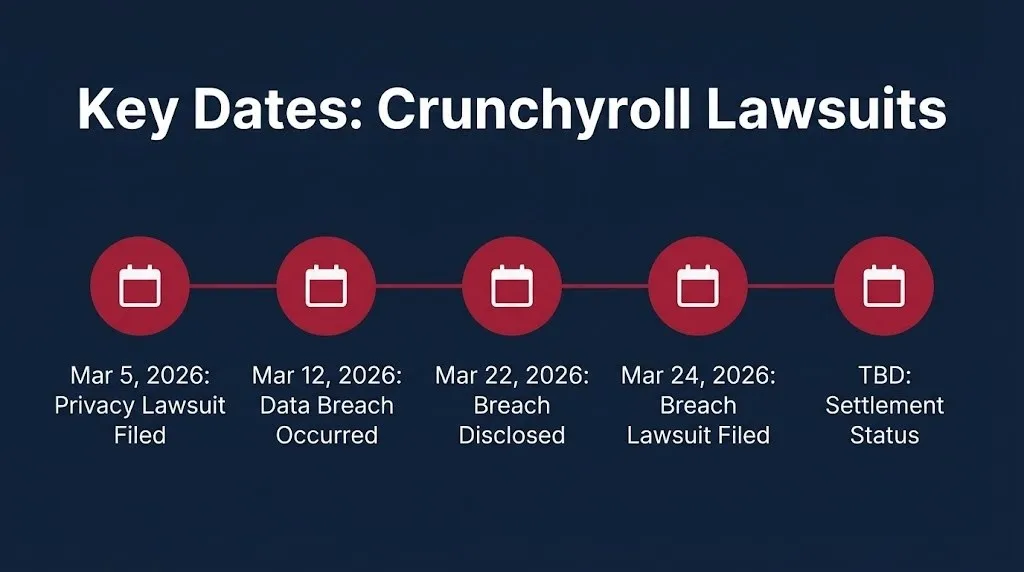 Timeline of the 2026 Crunchyroll lawsuit key dates for the data breach and privacy cases.