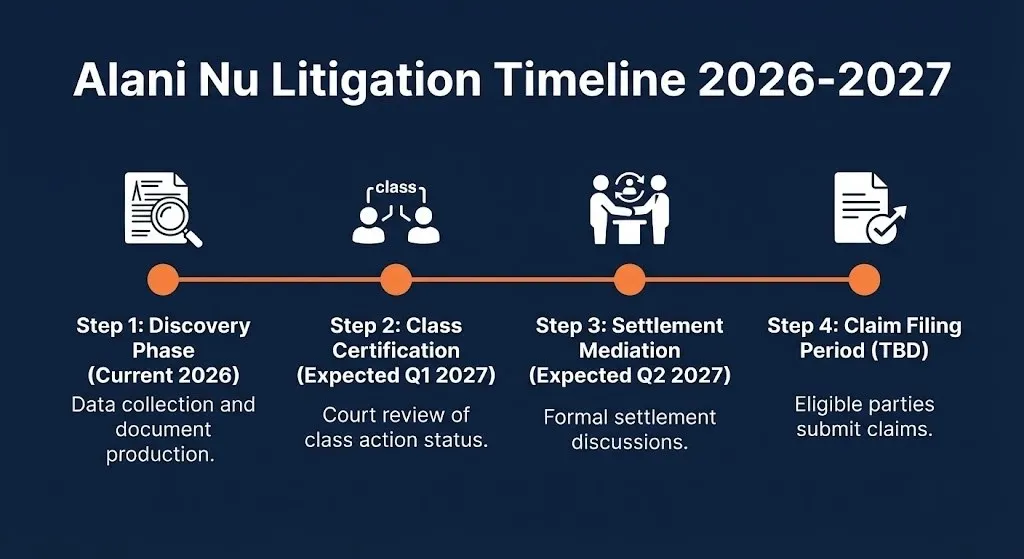 Timeline of the Alani lawsuit showing expected stages from discovery in 2026 to claim filing in 2027.