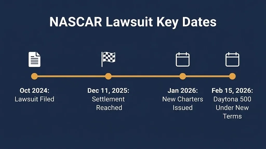 Timeline of the NASCAR lawsuit from its 2024 filing through the December 2025 settlement and 2026 season.