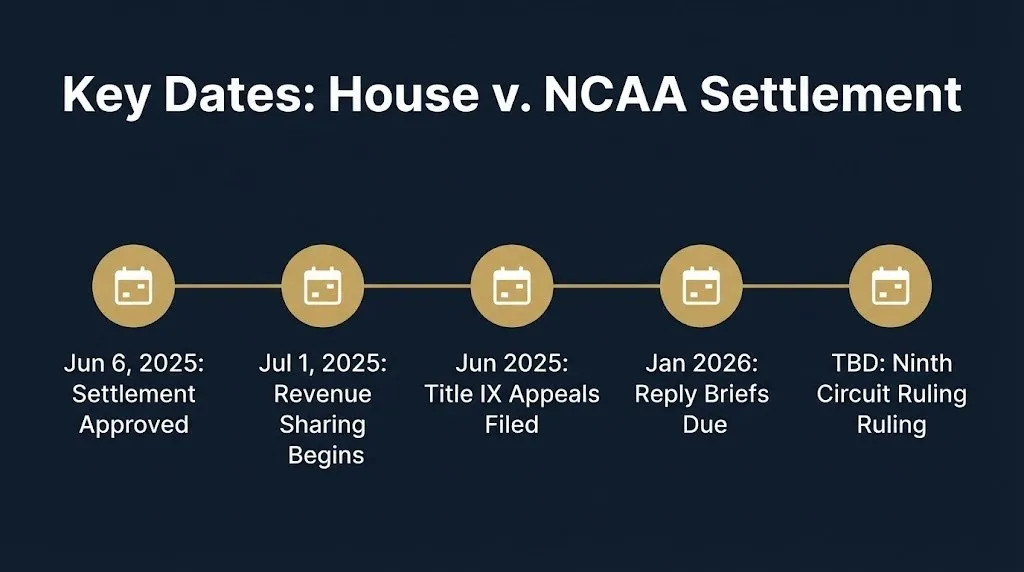 Timeline of the NCAA settlement showing House v. NCAA key dates through the pending Title IX appeal.