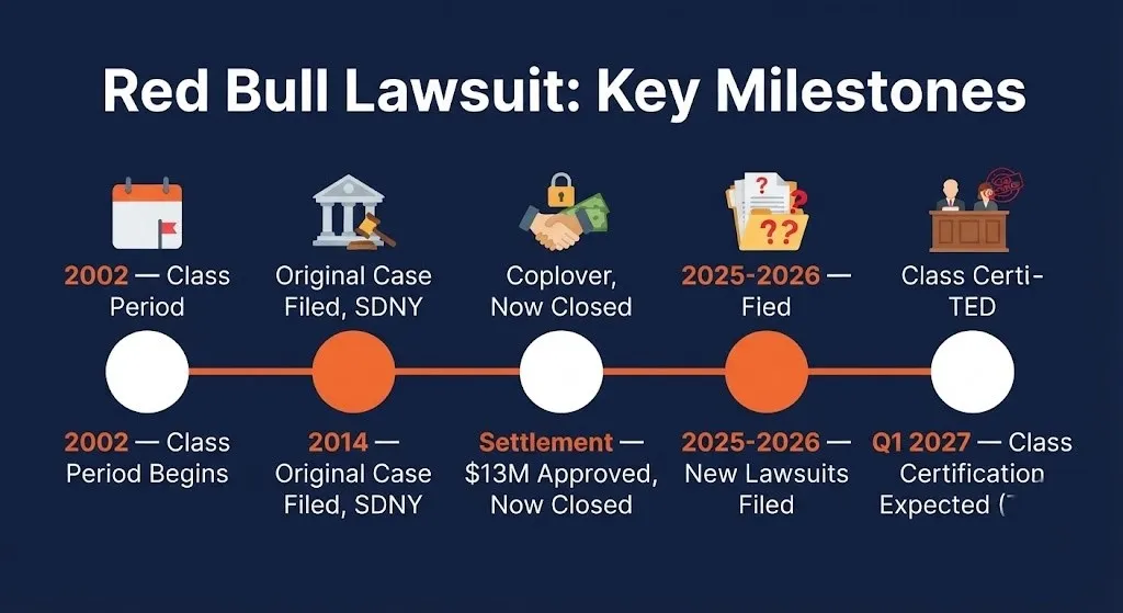 Timeline of the Red Bull lawsuit showing milestones from the 2002 class period to the closed 13 million dollar settlement.