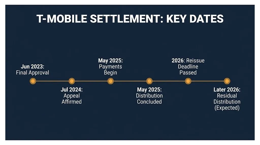 Timeline of the T-Mobile settlement 2026 key dates from final approval through the expected residual distribution.