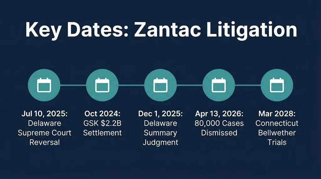 Timeline of the Zantac lawsuit showing key settlement and court ruling dates through 2026.